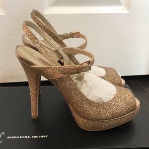 INC gold glitter peep toe heel